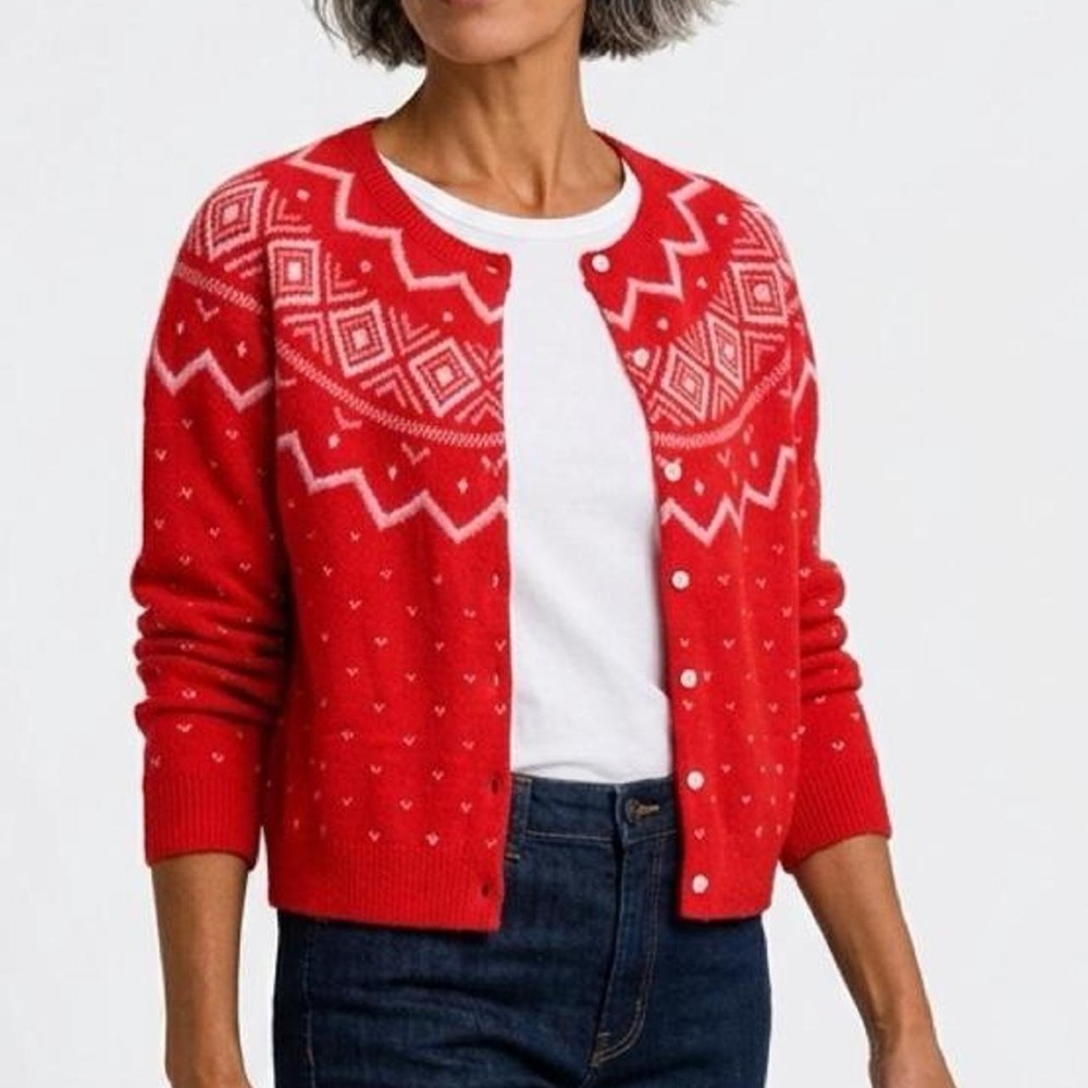 Old Navy SoSoft Red & Pink Fair Isle Cardigan Sweater Women's L